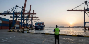 Agente de aduanas español observa un buque de carga chino entrando al puerto al amanecer, rodeado de contenedores