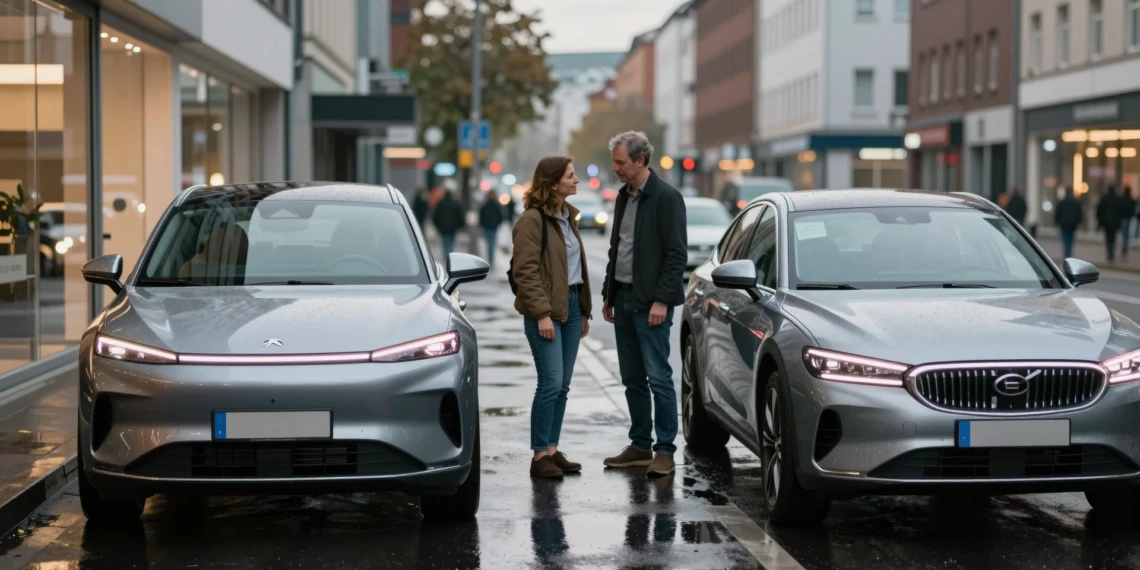 Pareja europea comparando un vehículo eléctrico y un sedán de gasolina frente a un concesionario en ciudad europea