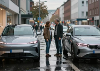 Pareja europea comparando un vehículo eléctrico y un sedán de gasolina frente a un concesionario en ciudad europea