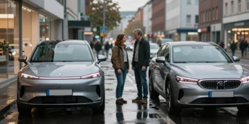 Pareja europea comparando un vehículo eléctrico y un sedán de gasolina frente a un concesionario en ciudad europea