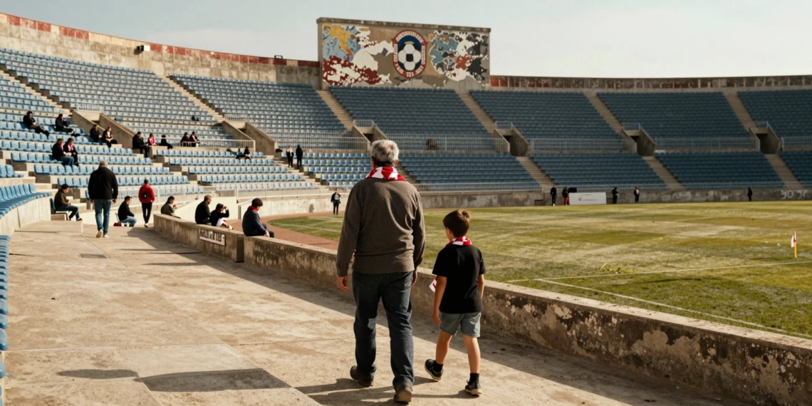 Aficionado mayor y niño con bufandas rojiblancas caminan hacia un estadio semivacío bajo la luz del sol en Murcia