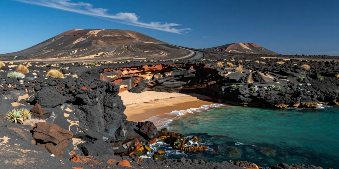 Costa volcánica del Parque Natural Cabo de Gata-Níjar con rocas negras, aguas turquesas y playa virgen de arena dorada