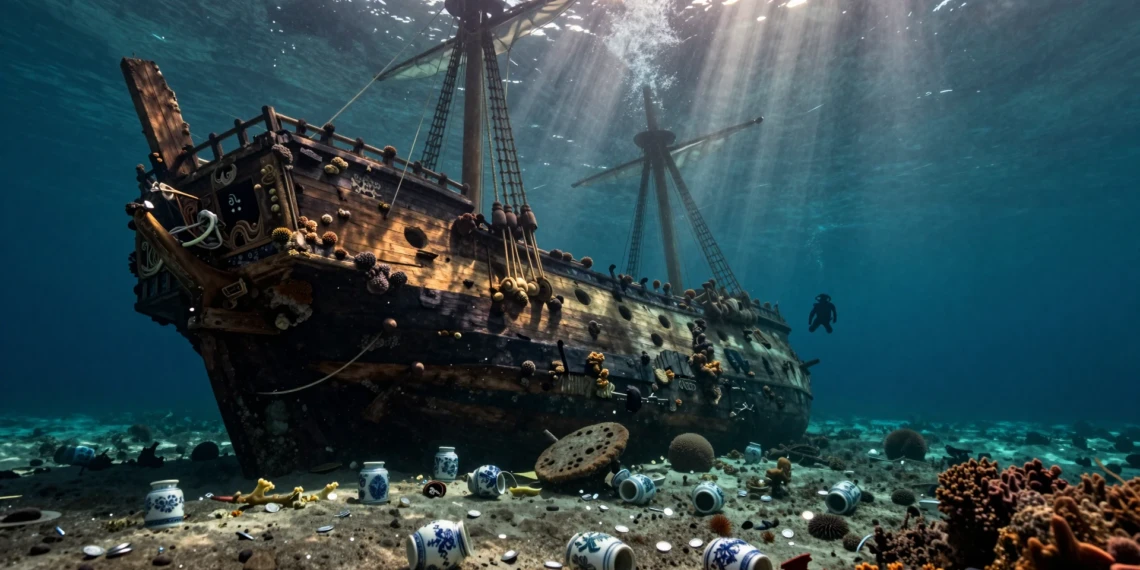 Pecio de galeón español del siglo XVII cubierto de coral en el fondo del océano Pacífico