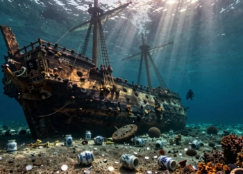 Pecio de galeón español del siglo XVII cubierto de coral en el fondo del océano Pacífico