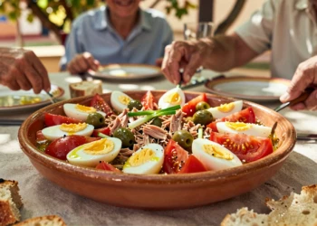 Ensalada murciana con tomate en conserva, atún, huevo duro, aceitunas y cebolleta en mesa veraniega
