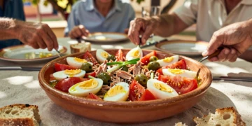 Ensalada murciana con tomate en conserva, atún, huevo duro, aceitunas y cebolleta en mesa veraniega