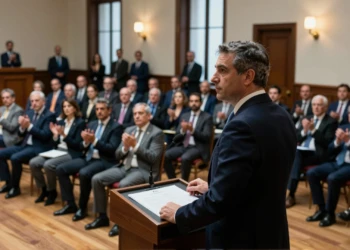 Juanma Moreno defiende en el atril ante su partido el pacto de gobierno con Vox en el parlamento andaluz