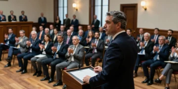 Juanma Moreno defiende en el atril ante su partido el pacto de gobierno con Vox en el parlamento andaluz