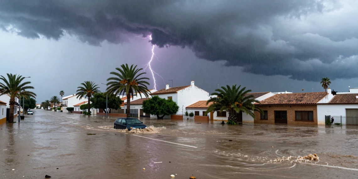 Calle inundada en Murcia con granizo, agua turbia y coches anegados bajo nubes de tormenta en pleno verano