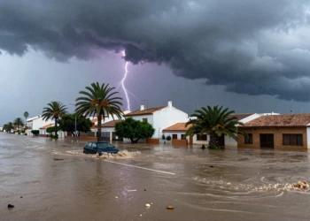 Calle inundada en Murcia con granizo, agua turbia y coches anegados bajo nubes de tormenta en pleno verano