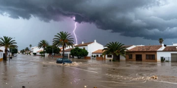 Calle inundada en Murcia con granizo, agua turbia y coches anegados bajo nubes de tormenta en pleno verano