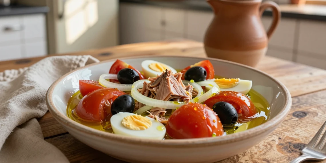 Bol de cerámica rústica con ensalada murciana moje: tomates, atún, huevo duro, aceitunas y cebolla en aceite de oliva
