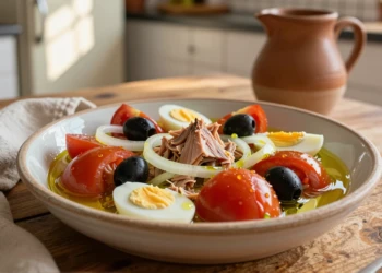 Bol de cerámica rústica con ensalada murciana moje: tomates, atún, huevo duro, aceitunas y cebolla en aceite de oliva