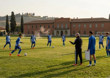 Jugadores del Deportivo de La Coruña entrenando en Coverciano, sede de la selección italiana de fútbol, en Toscana