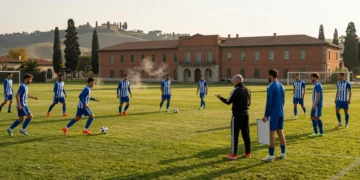 Jugadores del Deportivo de La Coruña entrenando en Coverciano, sede de la selección italiana de fútbol, en Toscana