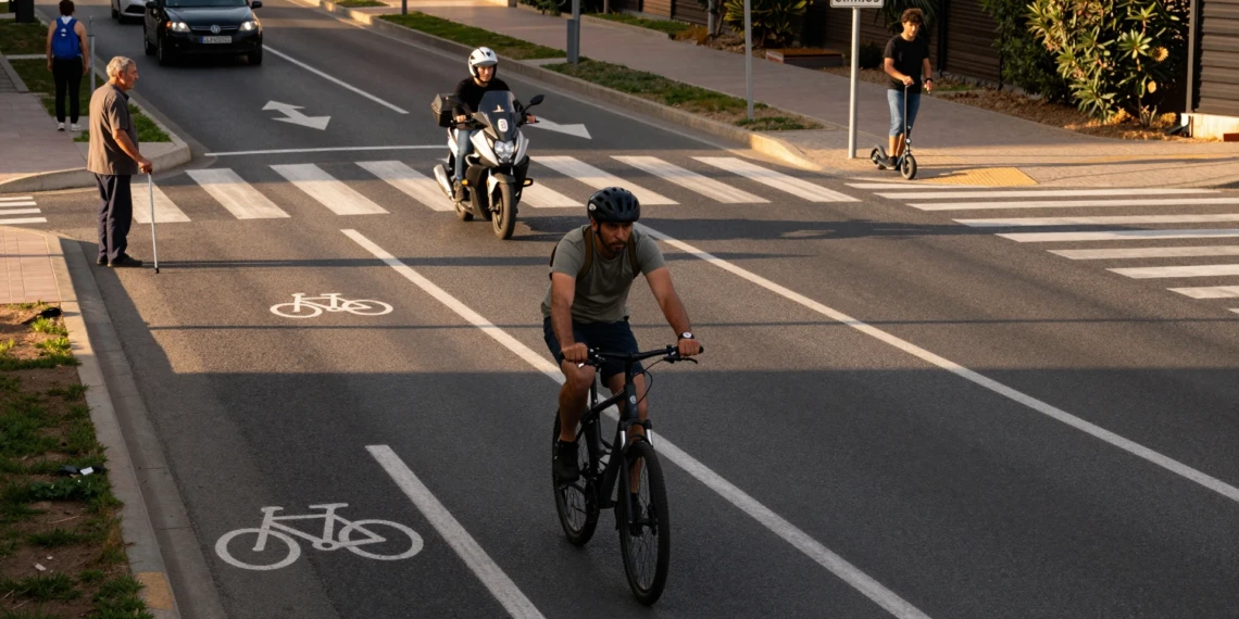 Ciclista, motorista, peatón anciano y patinete eléctrico comparten la vía urbana en España al atardecer