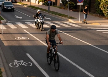 Ciclista, motorista, peatón anciano y patinete eléctrico comparten la vía urbana en España al atardecer