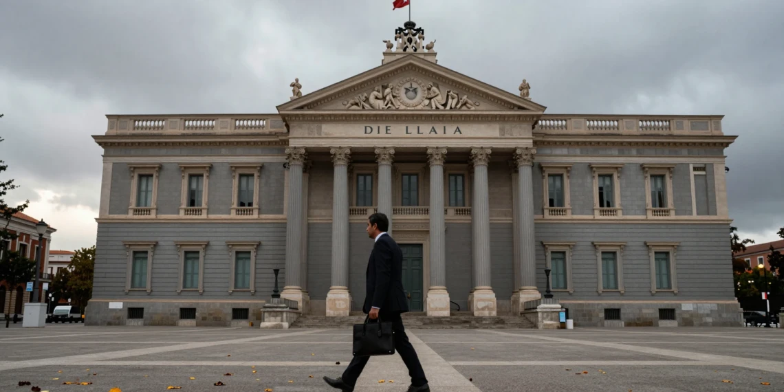 Congreso de los Diputados en Madrid bajo cielo gris otoñal con hojas caídas y funcionario cruzando la plaza