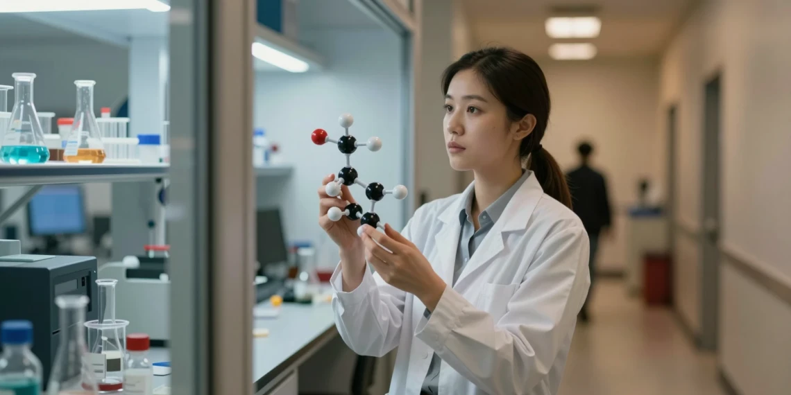 Científica sostiene un modelo de molécula en el umbral entre un laboratorio de química y un pasillo universitario iluminado