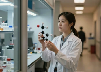 Científica sostiene un modelo de molécula en el umbral entre un laboratorio de química y un pasillo universitario iluminado