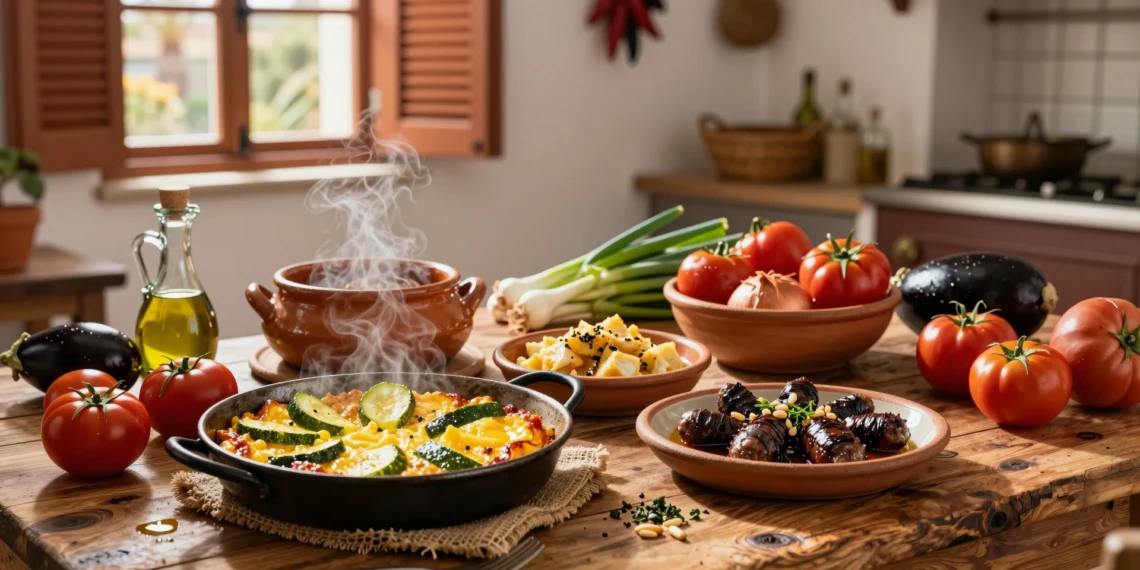 Mesa rústica con platos típicos murcianos: michirones, zarangollo, mojete y morcilla de verano en cocina mediterránea