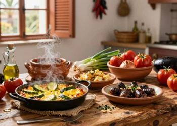 Mesa rústica con platos típicos murcianos: michirones, zarangollo, mojete y morcilla de verano en cocina mediterránea