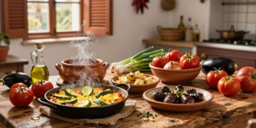 Mesa rústica con platos típicos murcianos: michirones, zarangollo, mojete y morcilla de verano en cocina mediterránea