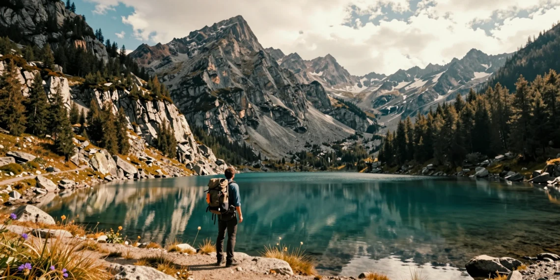 Senderista contemplando un lago glaciar de montaña en los Pirineos españoles con picos de granito al fondo