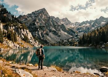 Senderista contemplando un lago glaciar de montaña en los Pirineos españoles con picos de granito al fondo