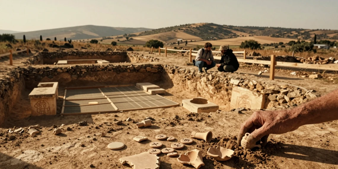 Arqueólogos excavando cerámica romana, fichas de juego y fragmentos de ánfora en un yacimiento romano de Aragón