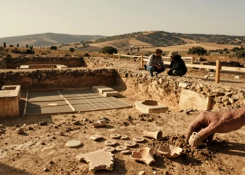 Arqueólogos excavando cerámica romana, fichas de juego y fragmentos de ánfora en un yacimiento romano de Aragón