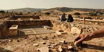 Arqueólogos excavando cerámica romana, fichas de juego y fragmentos de ánfora en un yacimiento romano de Aragón