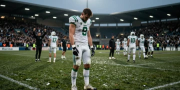 Jugador del Córdoba CF cabizbajo en el césped mojado del estadio tras una nueva derrota en el inicio de temporada