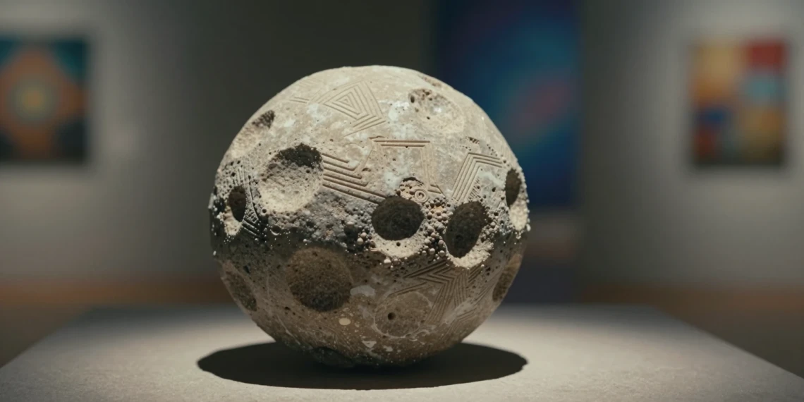 Escultura de piedra con líneas geométricas talladas que evoca partículas subatómicas entre formas pintadas en ocre y cobalto
