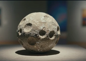 Escultura de piedra con líneas geométricas talladas que evoca partículas subatómicas entre formas pintadas en ocre y cobalto