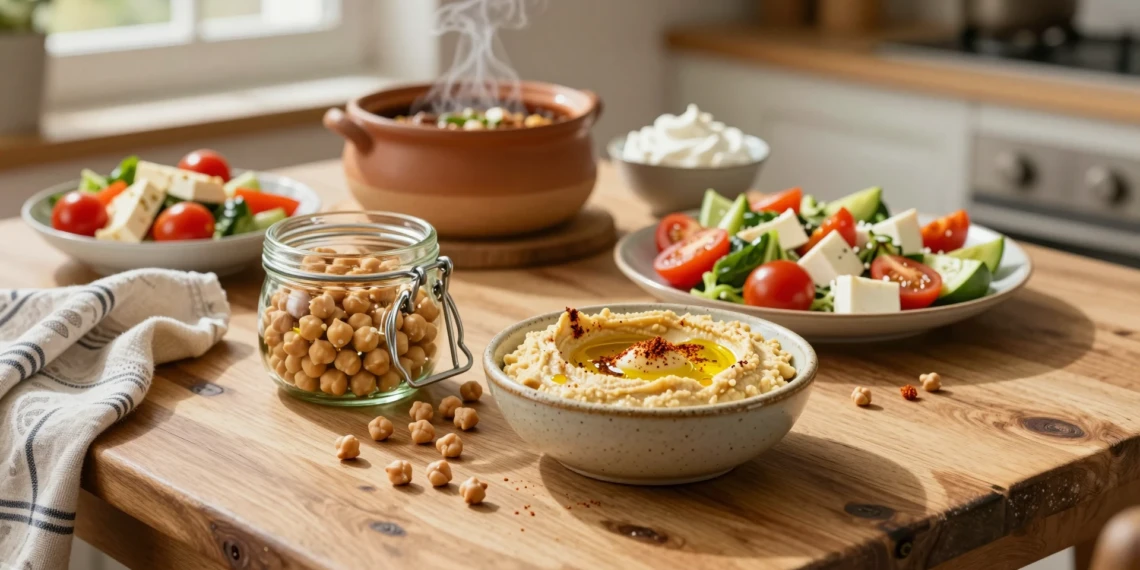 Tarro de garbanzos abierto junto a hummus casero, ensalada mediterránea y aquafaba sobre mesa de madera rústica