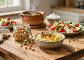 Tarro de garbanzos abierto junto a hummus casero, ensalada mediterránea y aquafaba sobre mesa de madera rústica