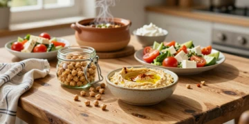 Tarro de garbanzos abierto junto a hummus casero, ensalada mediterránea y aquafaba sobre mesa de madera rústica