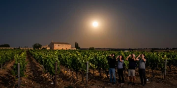 Turistas observan un eclipse solar entre viñedos de Ribera del Duero, con una bodega de piedra y cielo índigo dorado