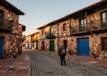 Peregrino en la calle empedrada de piedra rojiza de Castrillo de los Polvazares, pueblo medieval del Camino de Santiago