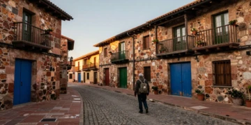 Peregrino en la calle empedrada de piedra rojiza de Castrillo de los Polvazares, pueblo medieval del Camino de Santiago