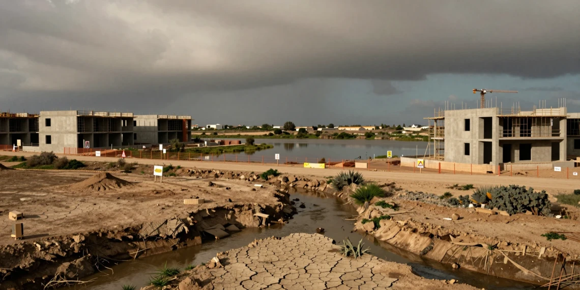 Urbanización en construcción abandonada junto a ramblas secas y humedal costero en zona inundable del sureste de España