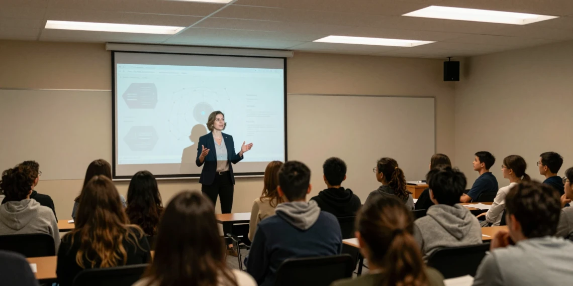 Profesora de informática de cincuenta años explica conceptos digitales a padres y alumnos en un auditorio escolar
