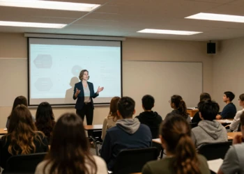 Profesora de informática de cincuenta años explica conceptos digitales a padres y alumnos en un auditorio escolar