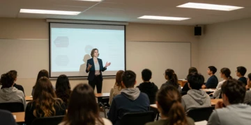 Profesora de informática de cincuenta años explica conceptos digitales a padres y alumnos en un auditorio escolar