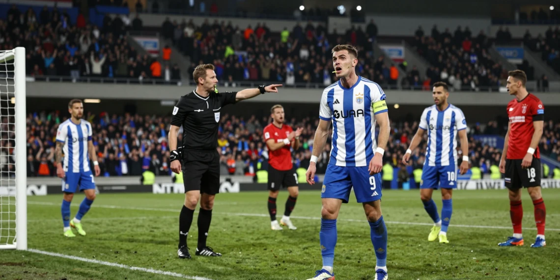 Jugador del Dépor protesta ante el árbitro tras la señalización de un penalti polémico en el estadio de Málaga