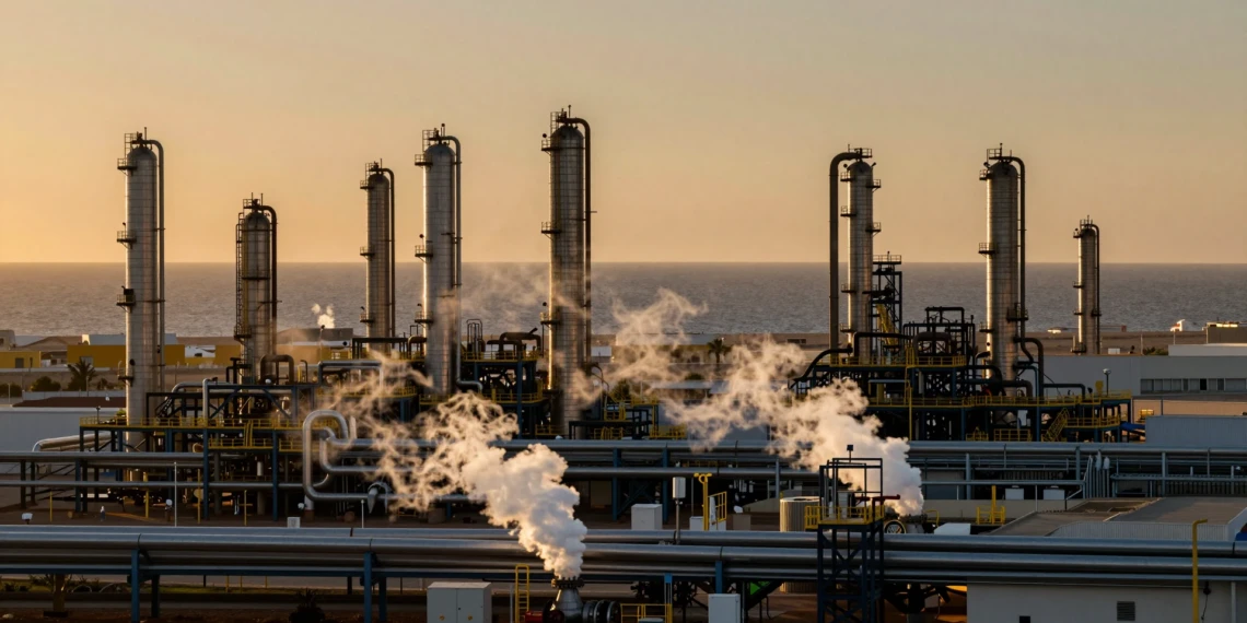 Complejo industrial de Valle de Escombreras en Murcia al atardecer, con torres de refinería y tuberías de acero