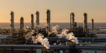 Complejo industrial de Valle de Escombreras en Murcia al atardecer, con torres de refinería y tuberías de acero
