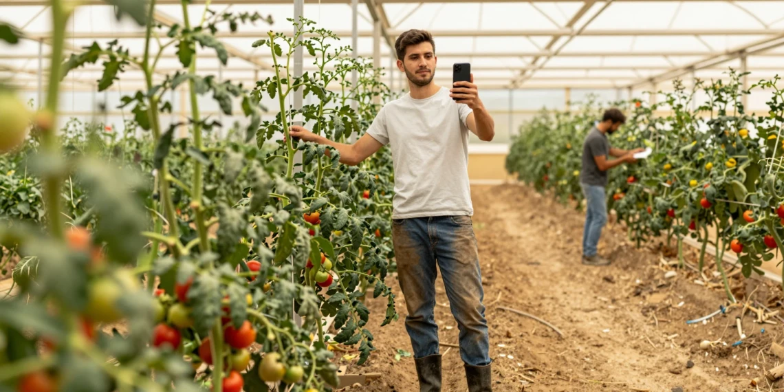Joven agricultor andaluz grabando contenido con su smartphone entre hileras de tomateras en un invernadero de Almería