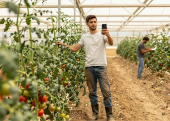 Joven agricultor andaluz grabando contenido con su smartphone entre hileras de tomateras en un invernadero de Almería